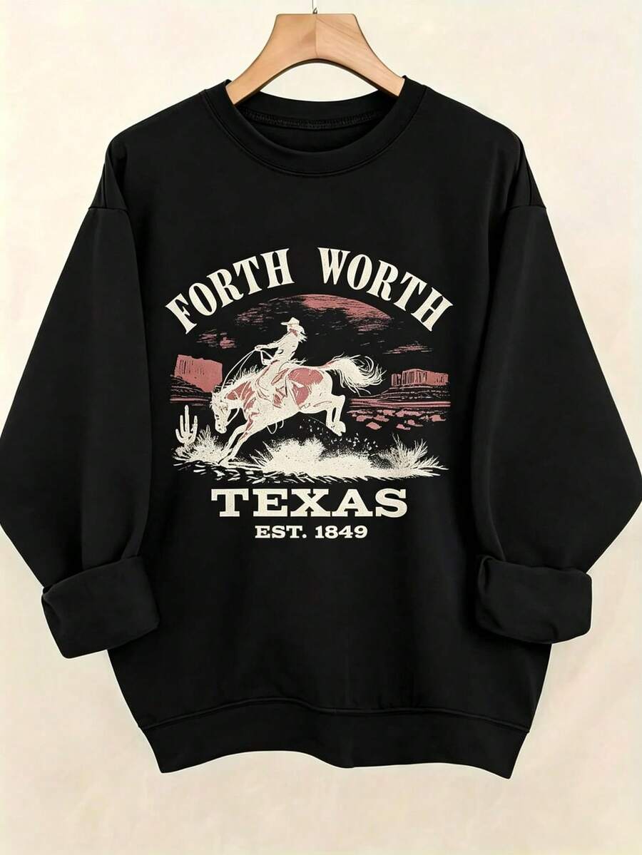 Women's Western Style Fort WorthTexasEST1849CowboyPatternHoodieSoftCrewNeckPulloverWith Cactus And Longhorn DesignComfortableCasualLongSleeve Sweater - 黑色 - 查看 1