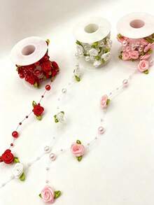 Pink Rose Pearl Leaf Beaded Garland Ribbon, Suitable For Wedding, Party, Home Decor, DIY Accessories, Gift Wrapping - 2m/78.7in - Ribbon - View 9