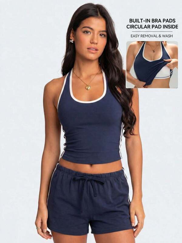 1pc Spring/Summer 2-In-1 Halter Neck Backless Cropped Tank Top With Built-In Padding, Contrast Side Stripes, Slim Fit, Flattering, Sports Yoga, Outerwear, Base Layer, Cropped Top