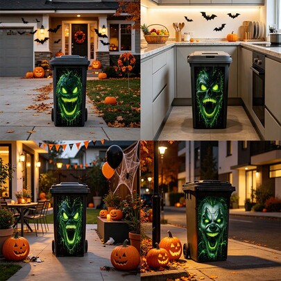 1/4pcs Spooky, Evil Green Devil Skull Trash Can Sticker, Removable Self-Adhesive Wall Decal, Suitable For Outdoor, Roadside, Kitchen, Trash Can Decoration, Halloween Gift.