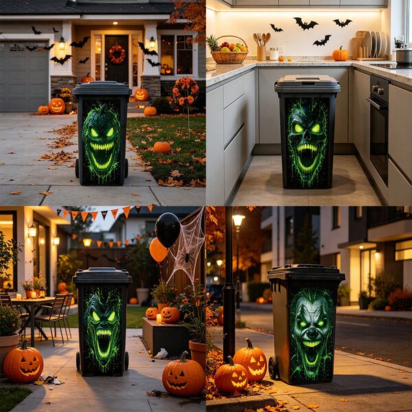 1/4pcs Spooky, Evil Green Devil Skull Trash Can Sticker, Removable Self-Adhesive Wall Decal, Suitable For Outdoor, Roadside, Kitchen, Trash Can Decoration, Halloween Gift.
