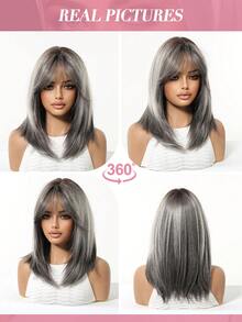 Topshe Ava WIGS 18英吋黑棕色長層次瀏海假髮，柔軟易打理合成纖維髮，適合女性日常配戴、上班、度假，亦適合作為萬聖節、聖誕節女性禮物 - 灰色 - 查看 9