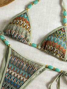 Bikinx Women's Bohemian Style Halter Neck Backless Textured Fabric Beaded Bikini Set, Side Tie Swim Bottoms, Suitable For Beach Wear - Multicolor - View 11