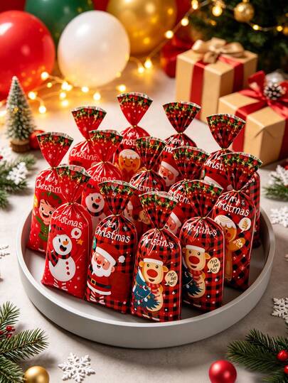 25/50/100pcs Christmas Gift Bags, Cartoon Santa Claus & Reindeer Pattern Storage Bags, Merry Christmas Decoration, Gift Wrapping Bags, Christmas Decoration, Storage Bags, Christmas Gifts, Xmas Decor, New Year Decoration, Holiday Party Gifts, New Year Party Supplies, Christmas Home Decor, Winter Decoration