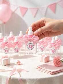 12/6/1 Set - 3.5 Inch Mini Pink Cute Bow Baby Bottle Style Plastic Box, Suitable For Baby Shower Party Decoration, With Pink Footprint Thank You Sticker And Pink Bow Plastic Bottle Style Storage Box Gift Box, Baby Shower Gift, Suitable For Baby Boy And Girl Baby Shower Party Centerpiece Decoration, Gender Reveal Party Tabletop Decoration Small Gift, Return Gift For Guests (Pink) - Pink - View 10