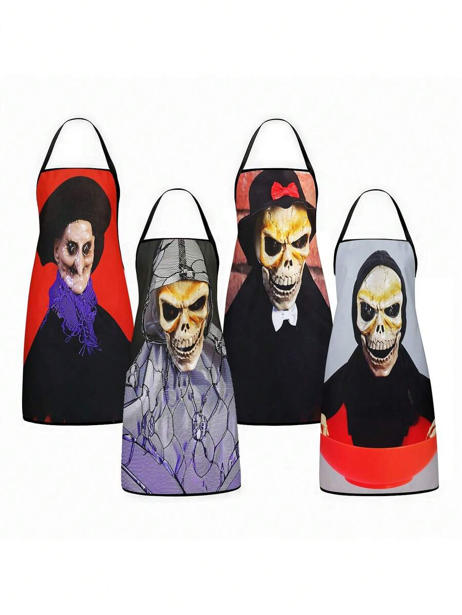 4Pcs/1pcDay Of The Dead Print Apron, Sugar Skull Skeleton Pattern Kitchen Apron For Cooking Baking Halloween PartySkeleton Apron For Halloween, White Human Skeleton Bones Print Black Kitchen Apron - Multicolor - View 1