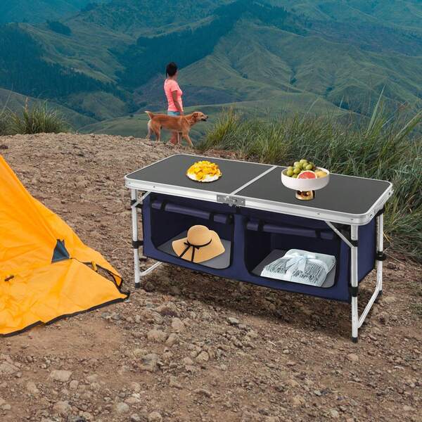 Folding Camping Table With Storage Removable Camping Storage, Composite Desktop Outdoor Garden Table For Outdoor Travel Beach, Backyards, Party And Picnic