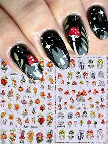 2pcs 3D Self-Adhesive Autumn Maple Leaf & Mushroom Nail Art Stickers, Maple Leaf Pumpkin Apple Floral Cute Nail Design, Thanksgiving Seasonal Nail Decoration, Autumn DIY Nail Supplies - Multicolor - View 2