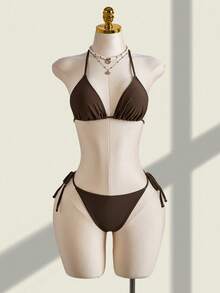 Women's Brown Halter Bikini 3-Piece Set, Includes Flared Sleeve Ruched Ruffle Wrap Skirt, Elegant Sexy Casual, Suitable For Spring/Summer Vacation Beach Party - Brown - View 12
