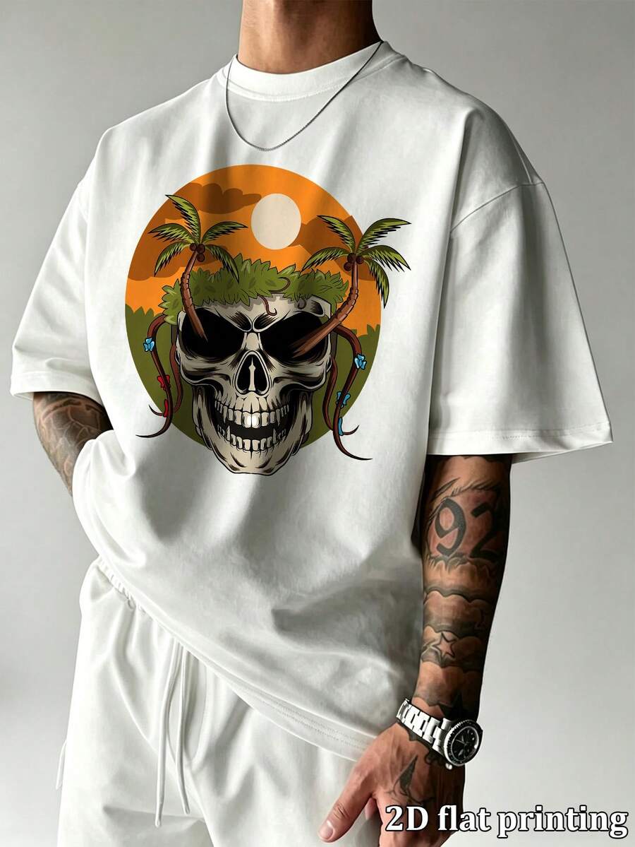 Men's Retro Tropical Sunset Skull Print Oversized Short Sleeve T-Shirt, Casual Hip Hop Street Style Loose Crew Neck Tees, Summer Fashion Comfortable C - White - View 1