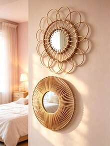 1Pc/2pcs Boho Handwoven Rattan Sunflower Round Wall Mirror,Rattan Woven Bamboo Glass Wall Mirror,Easy Install All Season,Floral Rattan Bathroom Vanity Mirror,Perfect Birthday Christmas & Mother's Day Gift-For Home Decor,Bedroom Decor,Wall Decor - Multicolor - View 8