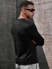 Men's Crew Neck Long Sleeve T-Shirt, Slim Fit Solid Color Basic Casual Sports Undershirt - Black - View 3