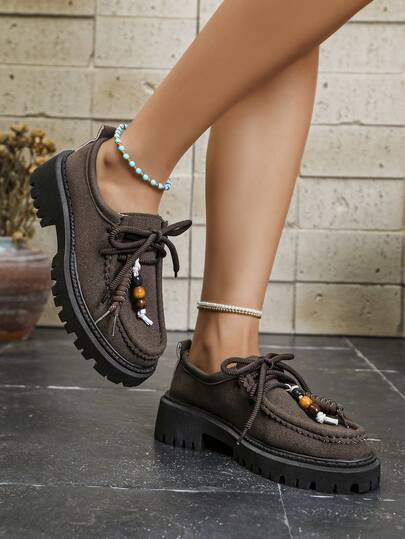 Zapatos planos de moda para mujer para todas las estaciones, zapatos Oxford con cordones de cuentas y suela gruesa, zapatos casuales vintage duraderos