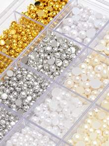 Nail Art Decoration Stickers, Black & White Polka Dot Pearl & Rhinestone Nail Decals, Boxed Accessories - Multicolor - View 2