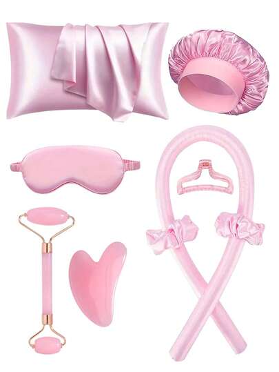 9/6/4/2/1pc - Pink Hair Styling Tool Set, Sleep Styling Set, Women's Facial Massage Roller Skincare Tool, Skincare Tool Set, Large Capacity Hair And Skincare Set.