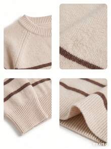 Women's Round Neck Striped Knit Sweater, Dropped Shoulder Long Sleeve Ribbed Hem, Soft Fabric, Autumn Casual Loose Oversized Pullover - Apricot - View 6
