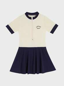 青少年女孩海灘度假奶油色與海軍藍拼色連身泳裝裙 - 杏色 - 查看 2