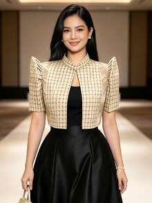 菲律賓風格女款極簡優雅泡泡短袖上衣 - 香檳色 - 查看 4