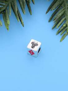 1pc S925 Sterling Silver Square Large Hole Bead Oil-Painted Poker Card Four Suits Square Heart Spade Club Vintage Lucky Card Game DIY Bracelet Beads Silver Accessory - Silver - View 4