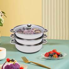 28cm/11in 3-Tier Stainless Steel Steamer Pot With Glass Lid, Silver Multi-Layer Steam Cookware, Dishwasher , Compatible With Induction And Gas Hobs For Home Cooking - View 5