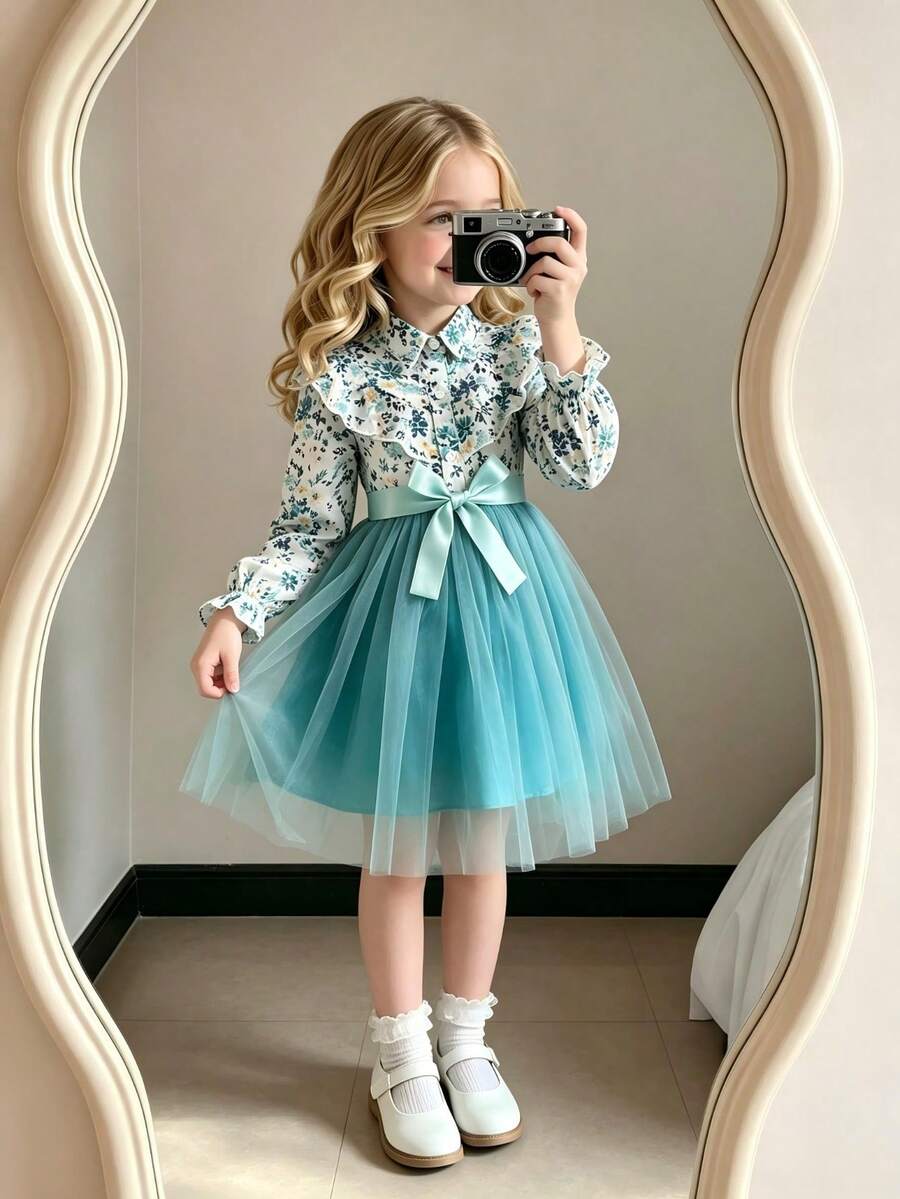 Young Girl Floral Print Mesh Long Sleeve Dress With Waist Belt - Green - View 1
