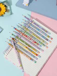 Set Pensil & Penghapus Kartun Inspiratif Bahasa Inggris 6/12 buah, Pensil HB untuk Siswa, Hari Pertama Sekolah - MultiWarna - View 5