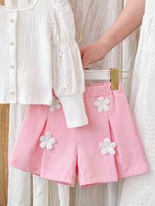 Young Girl Ruffle Collar Petal Sleeve Pearl Button Fashionable Top And 3D Floral Pleated Stylish Shorts Set - White - View 6
