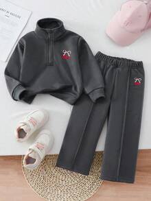 Young Girl Cherry Pattern Stand Collar Long Sleeve Sweatshirt And Pants - Dark Grey - View 1