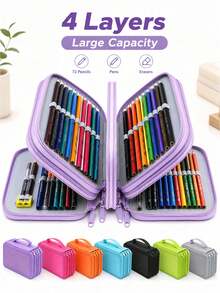 Tas Penyimpanan Pensil Portabel 4 Lapis Warna Solid, 72 Slot dengan Resleting, Cocok untuk Pensil Warna, Pena Gambar, Kuas Lukis, Ideal untuk Pelajar dan Pecinta Seni - MultiWarna - View 3