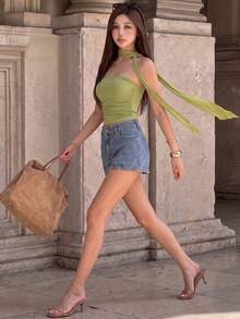 Top Dazzle Chic Women's Green Backless Cropped Tube Top, Sleeveless Knit Tank Top, Suitable For Spring And Summer - Green - View 4