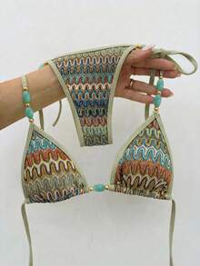 Bikinx Women's Bohemian Style Halter Neck Backless Textured Fabric Beaded Bikini Set, Side Tie Swim Bottoms, Suitable For Beach Wear - Multicolor - View 10