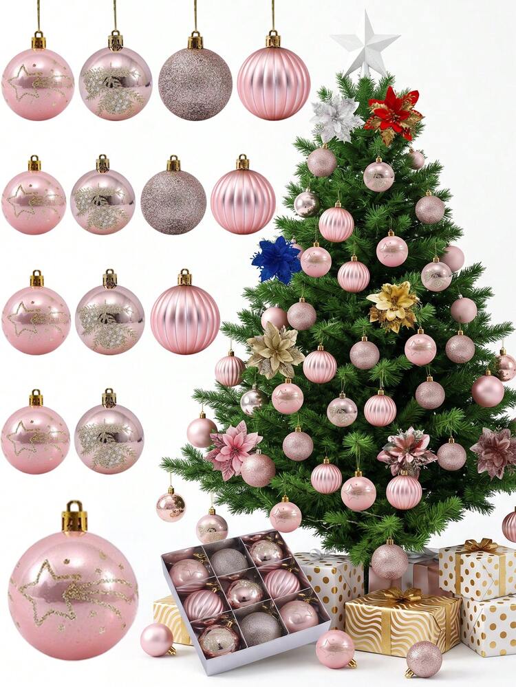 9pcs Pink Christmas Ball Ornaments, Pearl Pink Striped Glitter Christmas Balls, Shiny Christmas Tree Hanging Ornaments, Home Holiday Wedding Party Decoration Garland Set, Suitable For Christmas Tree Decoration, Holiday Party, Wedding, Wreath, Fireplace, Living Room Decor, Winter Christmas Decoration - Christmas 2 - View 4