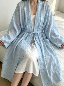Women's Bathrobe, Comfortable Bathing Robe For Teenagers, Suitable For Reading At Home, Fresh Korean Style Bow Print Bathrobe, Spring/Autumn New Comfortable Loungewear Nightgown - Mint Blue - View 9