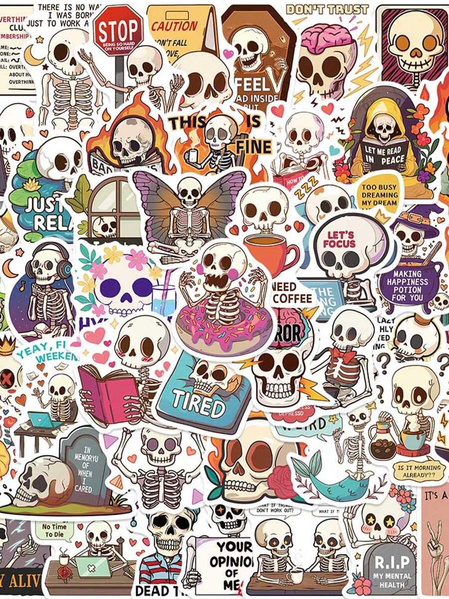 50pcs/Pack Funny Cartoon Skull Stickers, Decorative Decals For Laptop Guitar Phone Stationery Luggage Notebook Sticker - Multicolor - View 1