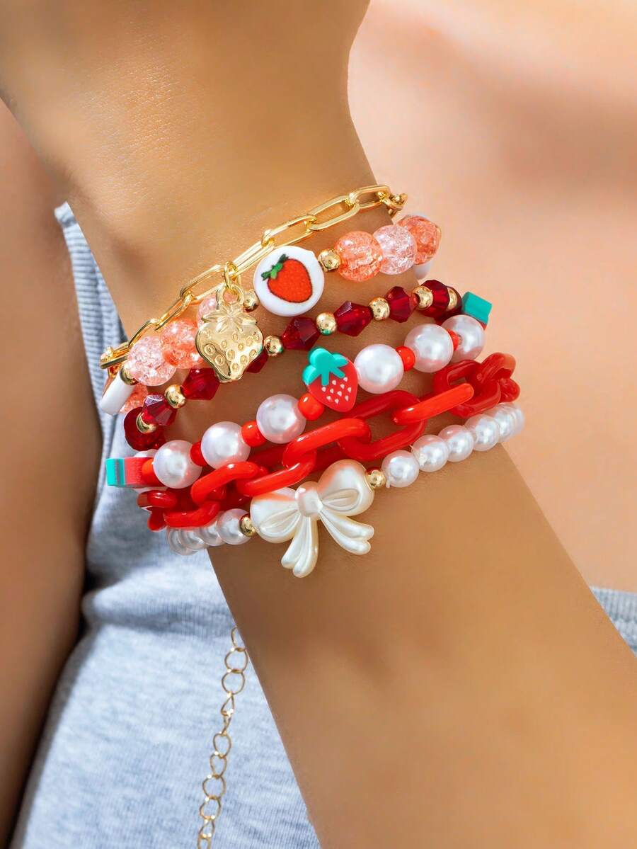 6pcs/Set Red Soft Clay Strawberry Pearl Bow Bracelet - Style 1 - View 1