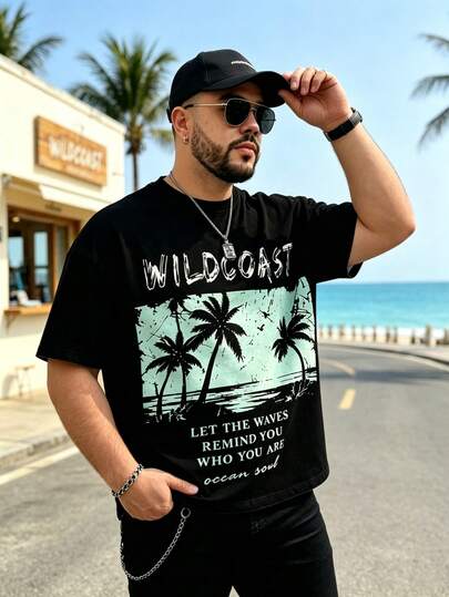 Plus Size Men's Black Short Sleeve T-Shirt, Casual Sports T-Shirt, Plus Size Men's Clothing, Wild Coast Coconut Tree Wave English Slogan Print American Coast Streetwear Loose Fit T-Shirt