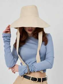 1件女款純色長緞帶寬邊軟頂水桶帽，防曬防風休閒戶外沙灘日常度假帽 - 大帽簷漁夫帽 - 查看 6