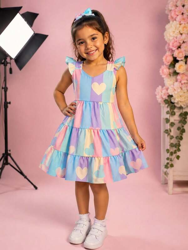 Vestido Multicolorido Infantil e Adolescente com Babados nas Mangas Menina 4 a 16 Anos