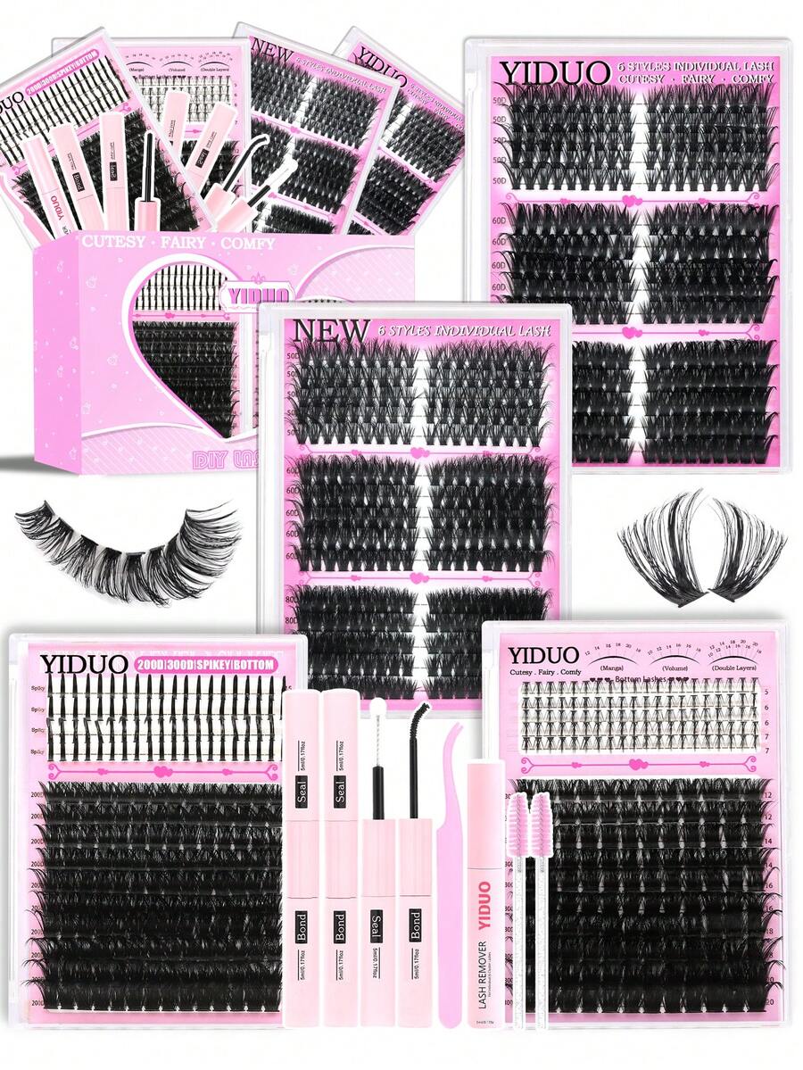 YIDUO 40D-100D 睫毛簇裝套組,D捲度豐盈款 5-20mm 混長單簇假睫毛,含 2x 接著劑與密封劑及卸除刷,完整 DIY 套組,適合居家使用,完美適用日常配戴與節日妝容 - 彩色 - 查看 1