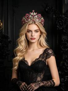 1件時尚精緻黑紅玫瑰皇冠髮飾，適合女性婚禮派對萬聖節裝扮頭飾 - 黑玫紅 - 查看 4