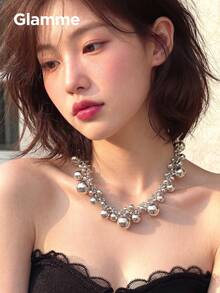 1pc Shiny Reflective Multi-Ball Braided Patchwork Necklace For Women, Minimalist Style, Personalized Party Outfit Accessory, Fashion Casual Vacation Collarbone Chain - Silver - View 7