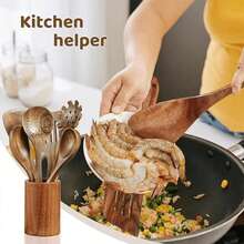 9-Piece Wooden Cooking Utensil Set - 9-Piece Natural Beech Wood Kitchen Tool Set, Wooden Spoon Set With Spoon Rack, Spoon Rest And Hooks, Wooden Spatula Set With 7 Metal Hooks - Brown - View 5