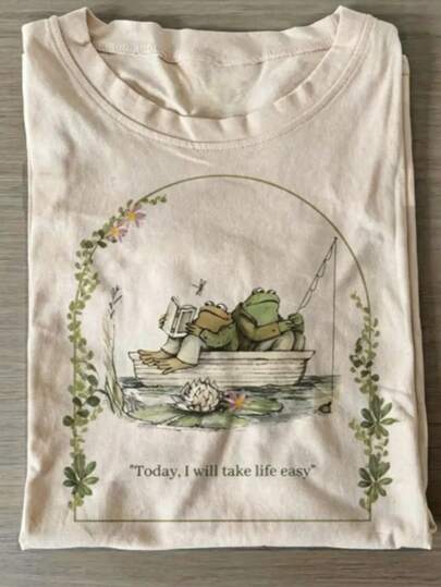 100% Pure Cotton Casual Frog Print T-Shirt, Suitable For Daily Wear, Easily Creates A Must-Have Summer Outfit, Perfect For Gifting, Comfortable
