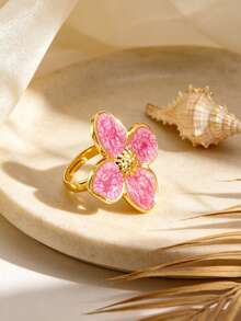 1 buah Cincin Tunggal Wanita Elegan Bergaya Stainless Steel dengan Motif Daun Semanggi, Cocok untuk Kencan/Liburan - Yellow Gold - View 9