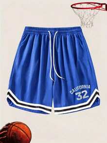 Men's American Style Patchwork Basketball Shorts, Summer Mesh Quick-Dry Loose Drawstring Sports 4-Inch Shorts - Blue - View 2