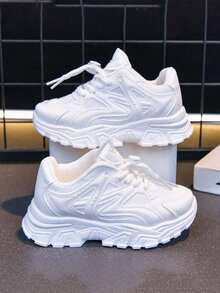 Mesh Mecha Kids Chunky Sneakers, Unisex Children's Slip-On Drawstring No-Tie Thick Sole Serrated Non-Slip Breathable Student Sports White Sneakers, Spring Summer Autumn - White - View 2