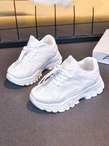 Mesh Mecha Kids Chunky Sneakers, Unisex Children's Slip-On Drawstring No-Tie Thick Sole Serrated Non-Slip Breathable Student Sports White Sneakers, Spring Summer Autumn - White - View 6