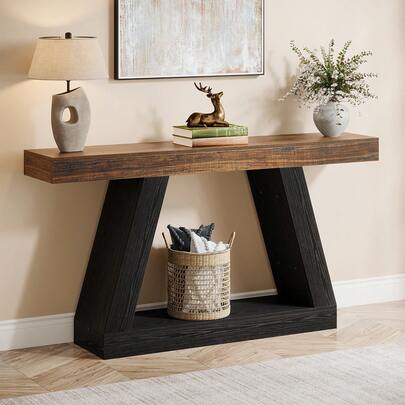 LITTLE TREE Console de style ferme, table de canapé rustique de 55 pouces avec rangement, table d'entrée en bois de style industriel pour couloir, salon, noir et marron