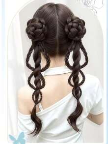 Women's Handmade Japanese Style Braided Hair Clip Twin Ponytail Wig, Natural Fluffy Lively Realistic Hair, New Chinese Style Long Braid - Black - View 9