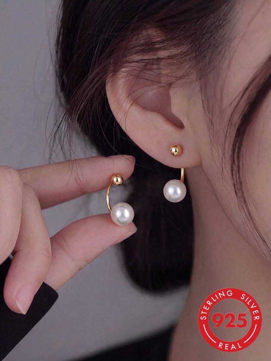 1 Pair S925 Sterling Silver Geometric Ball Stud Earrings For Women, Minimalist Elegant Screw-Back Earrings, Luxury Versatile Earrings For Gatherings - Beads - View 1